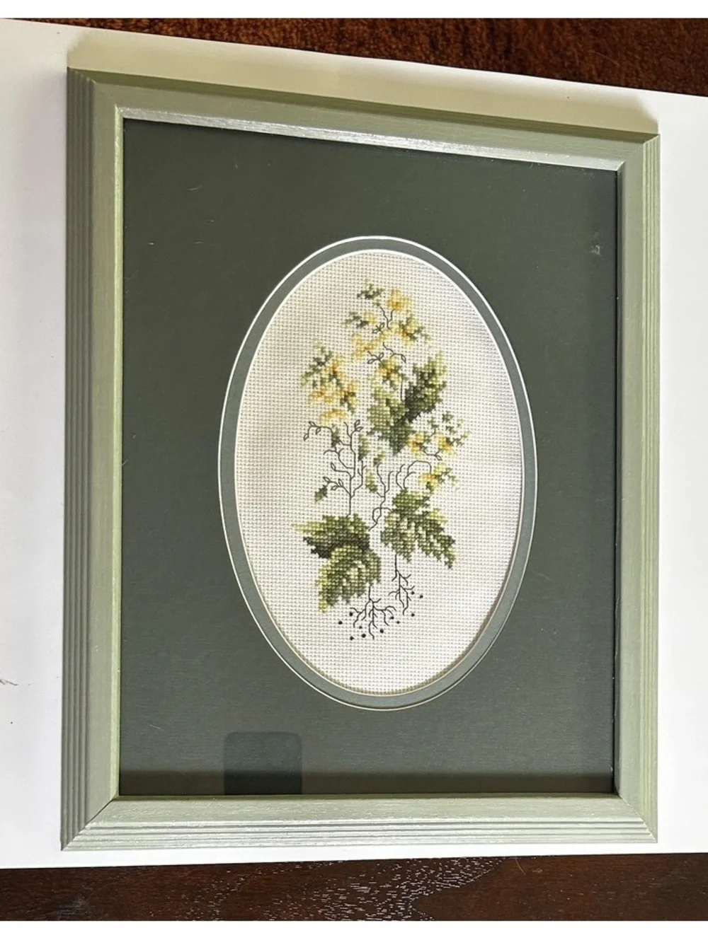 Vintage Framed Botanical Cross-Stitch with Green Frame